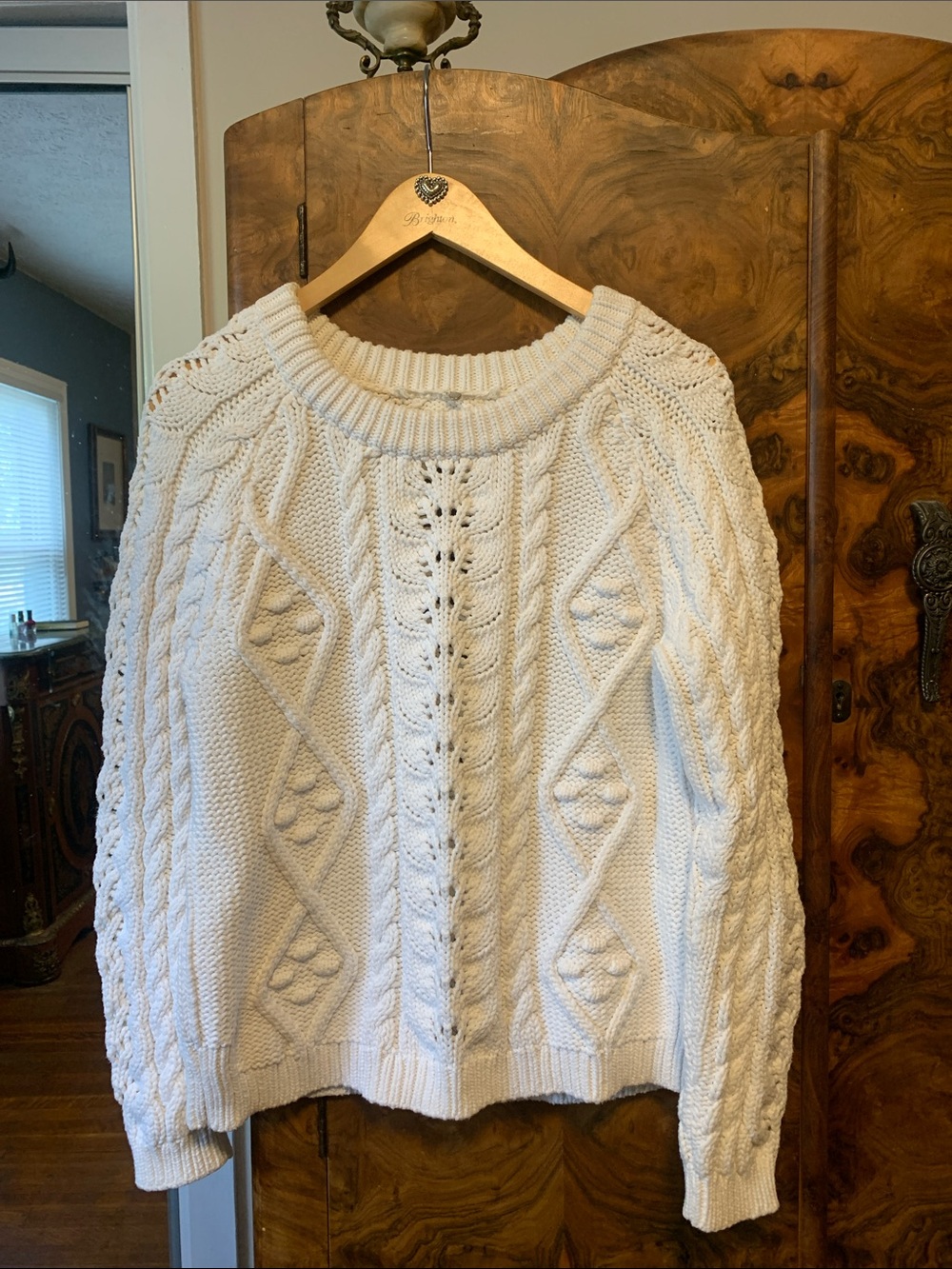 Women's chunky white Cable Knit Crewneck Sweater